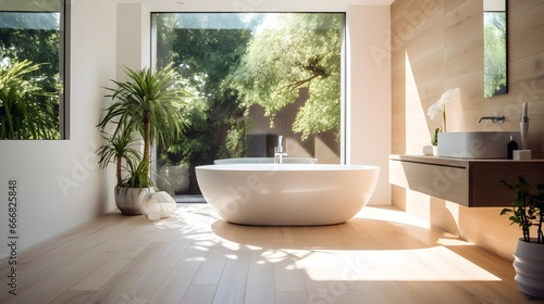 White modern interior bathroom with plant and wooden wall and floor, Generative AI. © Yacine