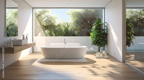 Wide modern bathroom design with mirror and wooden floor  Generative AI.