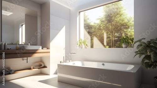 Modern Bathroom interior with sunlight coming from a big window, Generative AI.