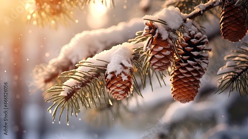 Spruce branches with cones in the snow, sunlight in winter. Generation AI