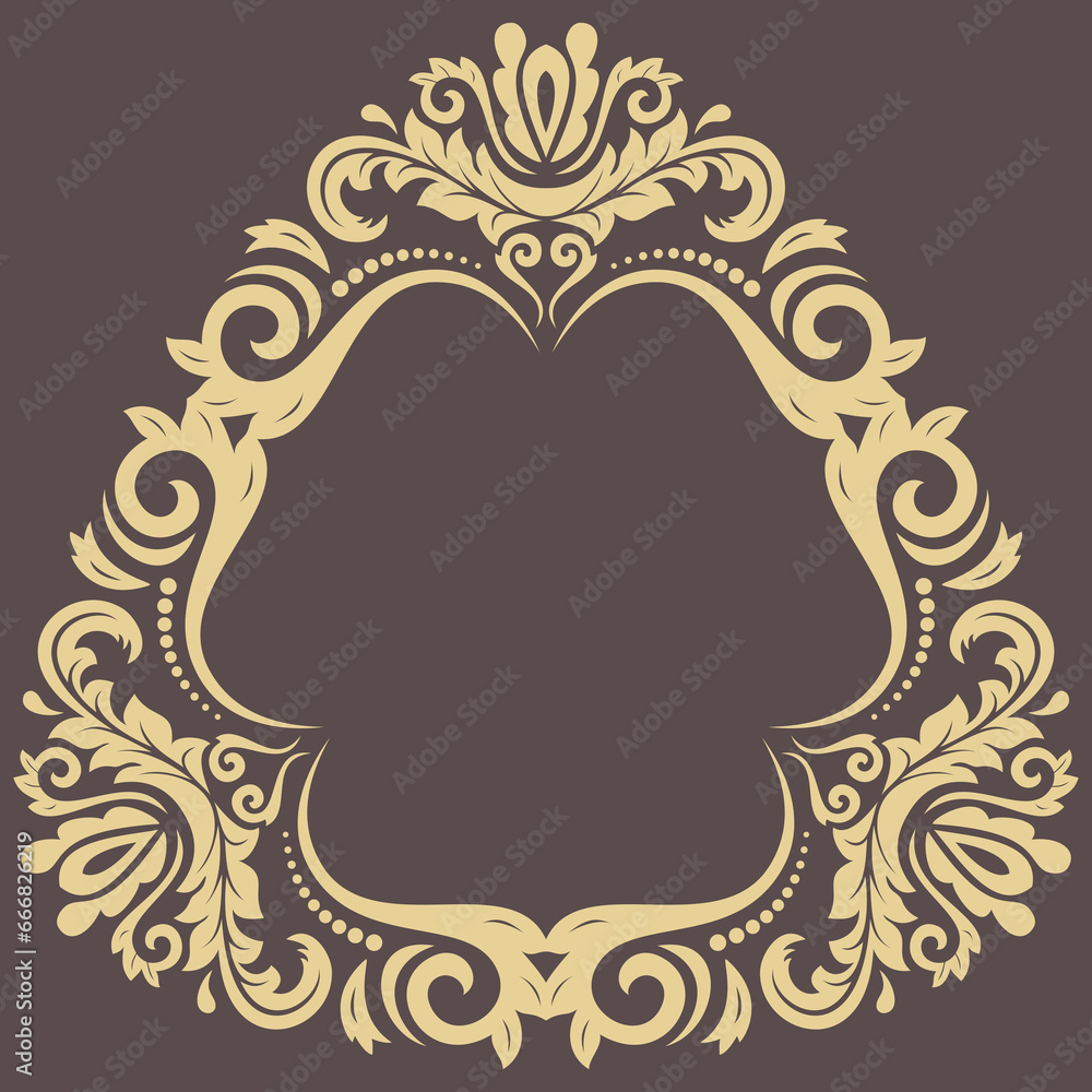 Oriental triangular golden frame with arabesques and floral elements. Floral border with vintage pattern. Greeting card with circle and place for text