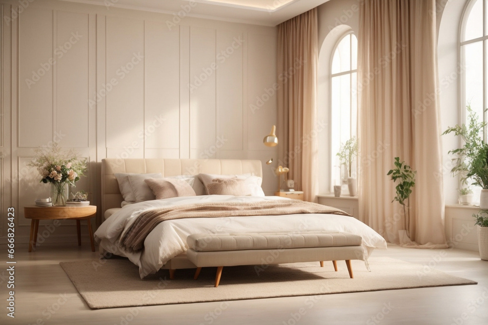 Fototapeta premium An exquisite bedroom, adorned with lavish furnishings, muted color schemes, and tasteful decor, epitomizing timeless elegance and serene comfort.