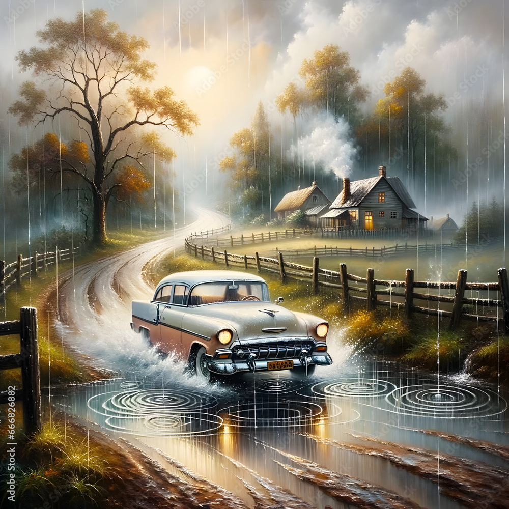 Oil painting_ A classic car, its windshield wipers moving rhythmically, drives An evocative