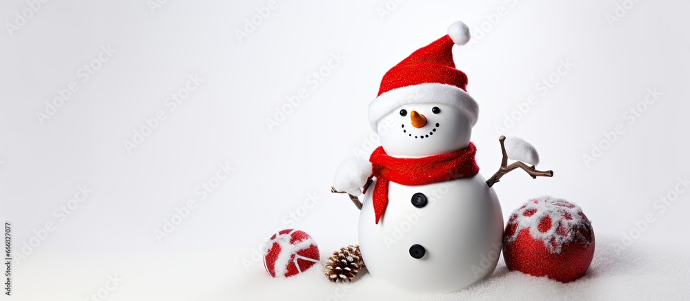 Snowman decorated for Christmas and New Year festivities wearing a cap and mittens holding a baseball bat Celebrating winter holidays with active sports