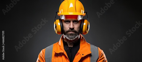 Industrial worker wearing ear protection equipment photo