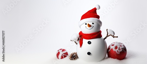 Snowman decorated for Christmas and New Year festivities wearing a cap and mittens holding a baseball bat Celebrating winter holidays with active sports