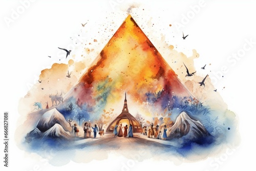 Christmas nativity with watercolor  erupting volcano  illustration of world gesture. Generative AI