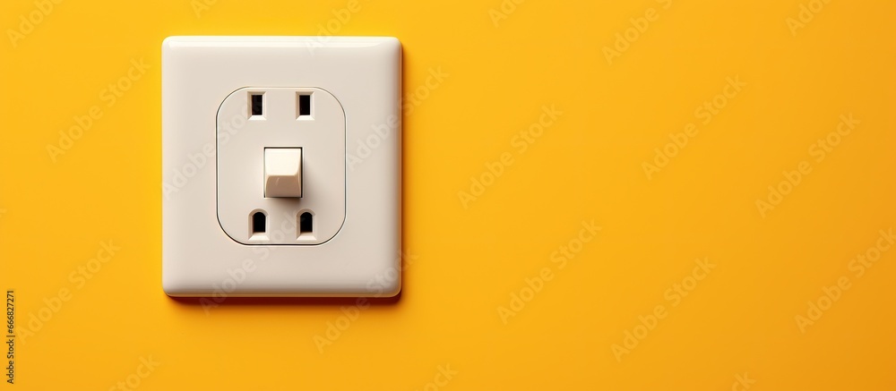 Realistic electrical socket and plug on yellow wall backdrop Realistic electrical socket and plug on yellow wall backdrop