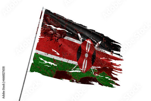Kenya torn flag on transparent background with blood stains.