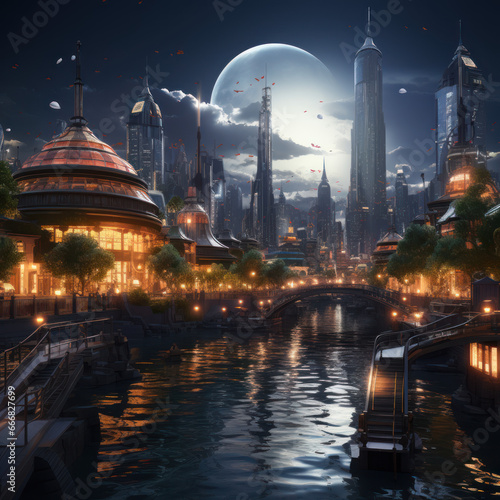 A futuristic cityscape with floating building 