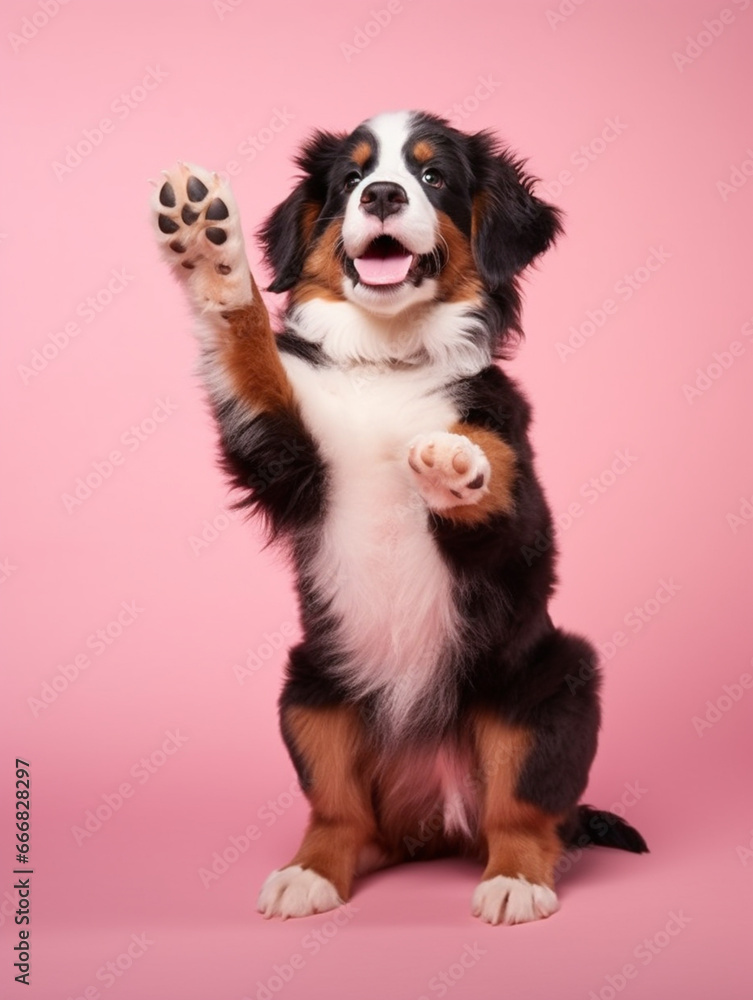 small cute Sennenhund puppy on a pink background