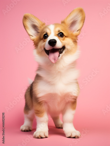 small cute corgi puppy on pink background