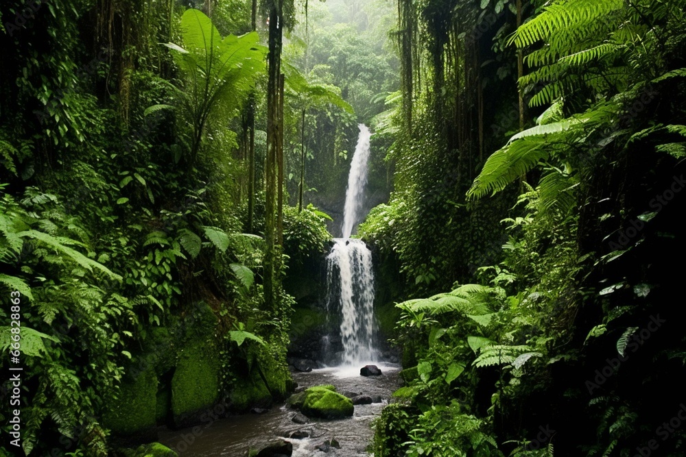 Waterfall amidst lush greenery in a tropical rainforest. Generative AI - obrazy, fototapety, plakaty 