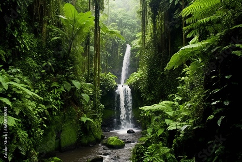Waterfall amidst lush greenery in a tropical rainforest. Generative AI