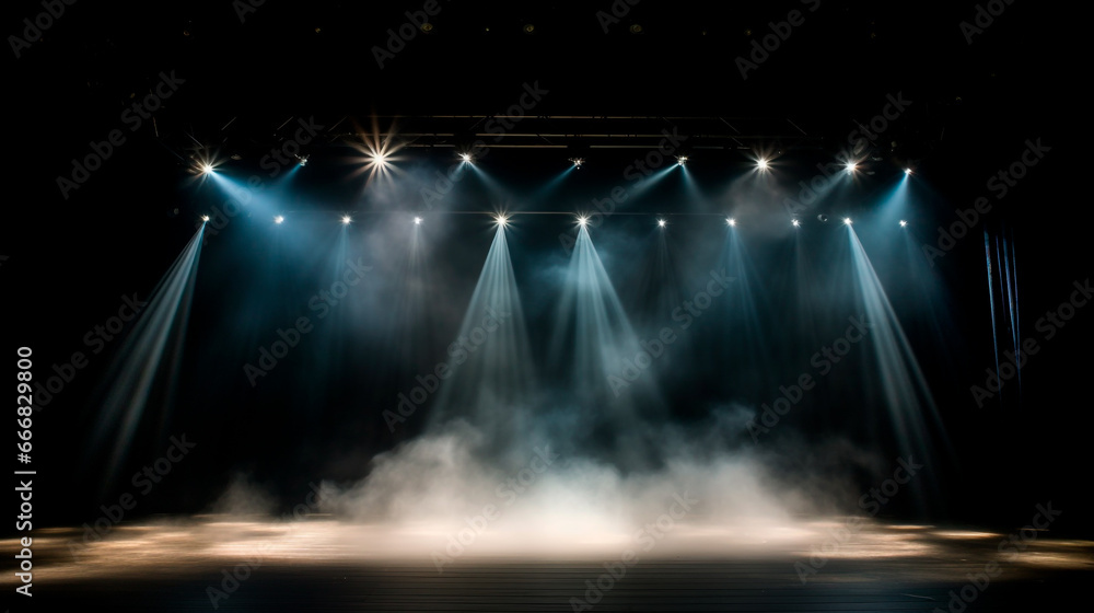 Empty concert stage with illuminated spotlights and smoke. Stage background with copy space. Illustration for cover, card, postcard, interior design, decor, packaging or banner. - obrazy, fototapety, plakaty 