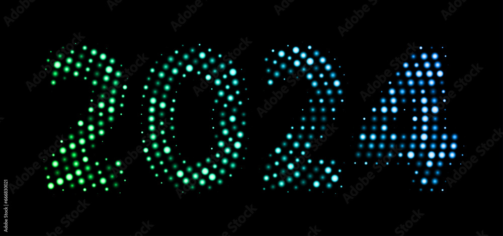 New Year 2024 gradient glitter halftone pattern on dark background made of shimmering lights. New Year 2024 gradient glitter halftone pattern on dark background made of shimmering lights.