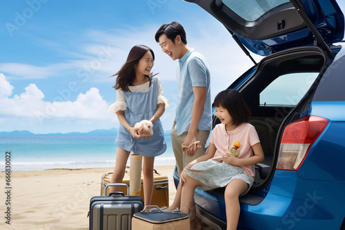 Summer Memories in the Making  Asian Family's Enthusiastic Departure for a Sun-kissed Beach Vacation © Saran