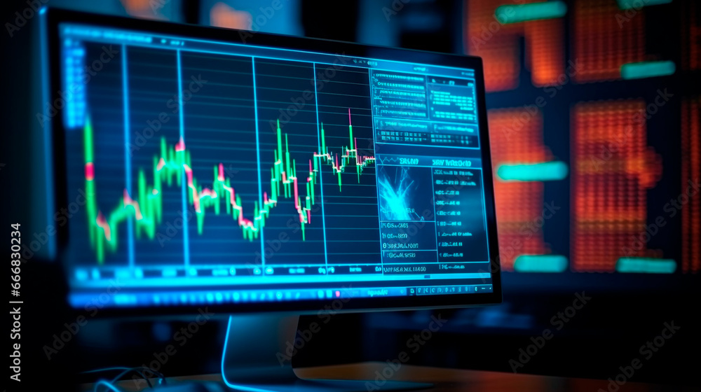 Candle stick graph chart of stock market investment trading app, improved business information on desktop computer screen reflected in a financial graph, data analytics and strategy formulation Candle stick graph chart of stock market investment trading app, improved business information on desktop computer screen reflected in a financial graph, data analytics and strategy formulation