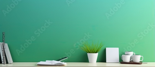 Compact work area with desk mugs boxes and green wall
