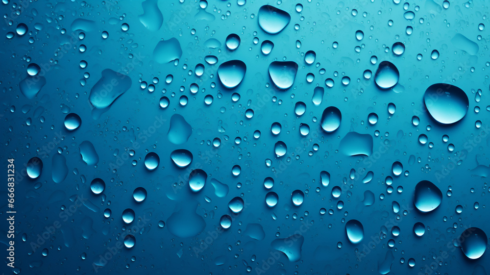 Abstract Wallpaper background. Macro water droplets on a surface of Cyan Blue Hue and a few drops of Carbon Black.