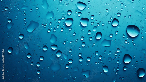 Abstract Wallpaper background. Macro water droplets on a surface of Cyan Blue Hue and a few drops of Carbon Black.