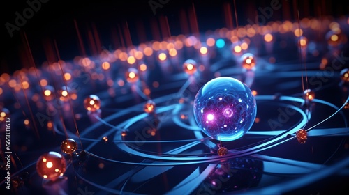Futuristic depiction of atomic structure with radiant orbs symbolizing protons, neutrons, and electrons in a cosmic environment. 