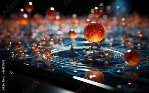Vivid representation of atoms and subatomic particles, with glowing orange nuclei and intricate swirls, set against a deep blue liquid matrix, embodying the essence of molecular science.  © Liana