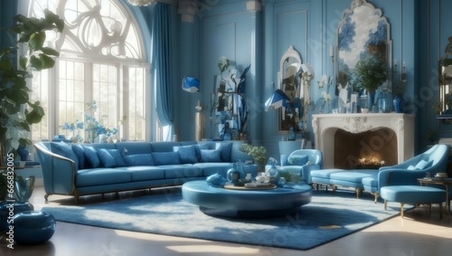 a living room filled with lots of blue furniture