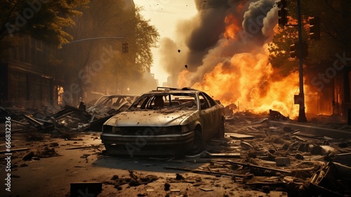 War-torn urban landscape with burning fires and abandoned vehicles amidst the rubble, capturing the devastating impact and chaos of conflict.
 photo