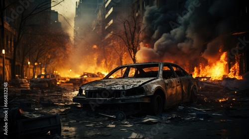 War-torn city street with blazing fires, smoke billowing from destroyed cars and buildings, illustrating the devastating aftermath of battle. 