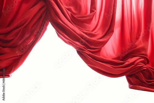 Elegant scarlet fabric sways on the wind, billowing red silk curtains hang from a cornice against a white background. Generative AI photo