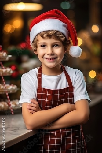 A little kid boy as a baker helper in a bakery, baking colorful and delicious christmas cakes