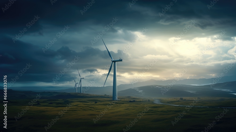 Obraz premium Wind turbines spinning against a backdrop of a stormy sky