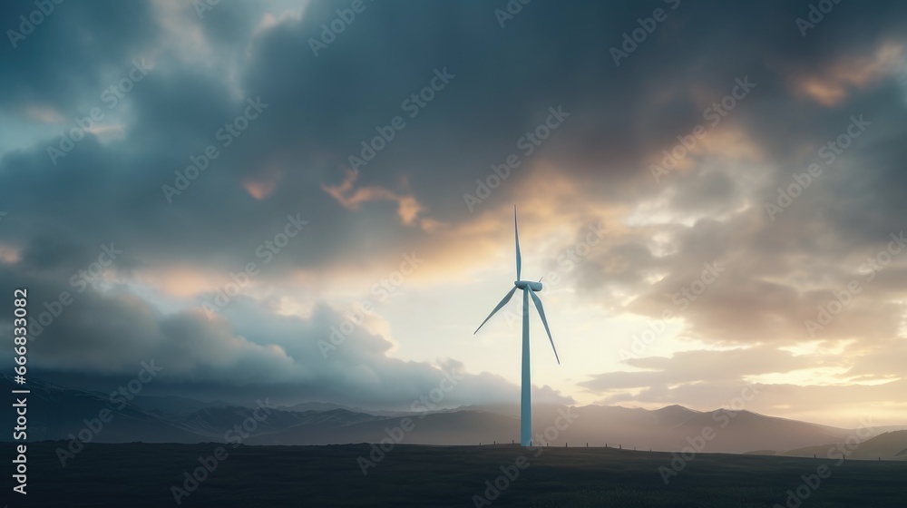 Obraz premium Wind turbine spinning against a backdrop of a stormy sky