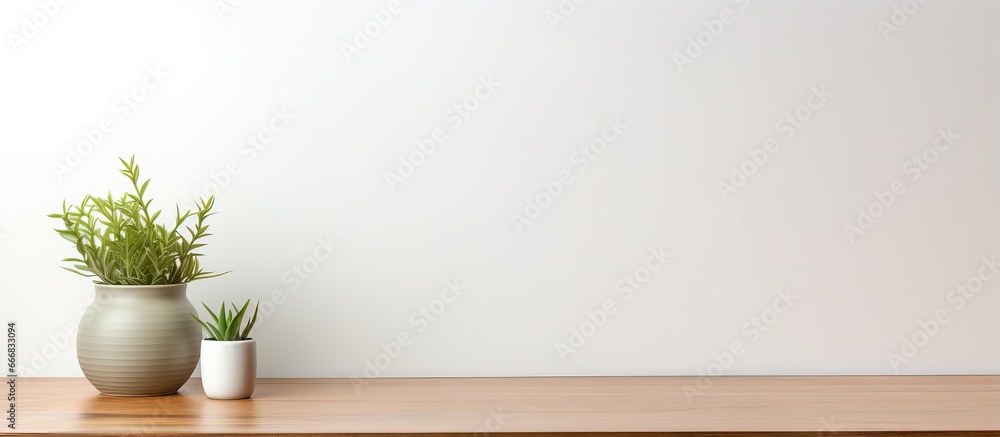Wooden desk with potted tree on white wall space for text Wooden desk with potted tree on white wall space for text