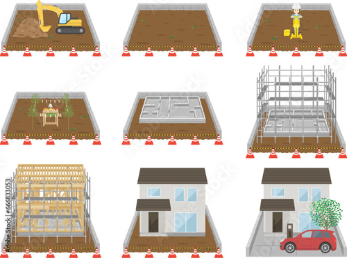 一戸建て住宅完成までの工程（新築工事の流れ）のイラスト