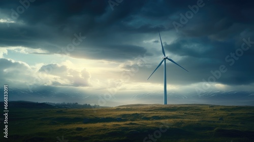 Wind turbine spinning against a backdrop of a stormy sky
