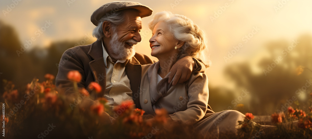 Elderly couple falls in love happily in nature,