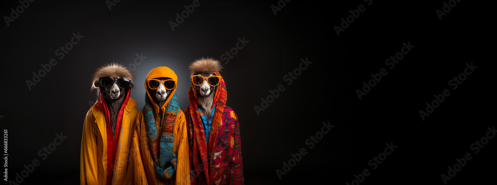 Three llamas wearing colorful clothes and sunglasses, banner, texture, design - obrazy, fototapety, plakaty 
