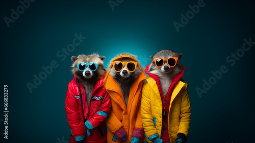 A group of raccoons wearing sunglasses and coats, banner, texture, design © Daniel