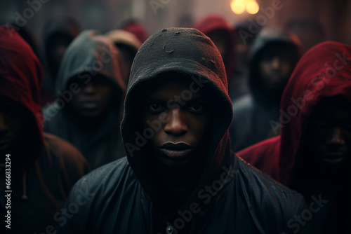Close-up of young black African immigrant in hoodie looking frontally. Surrounded by other hooded migrants. Dark colours