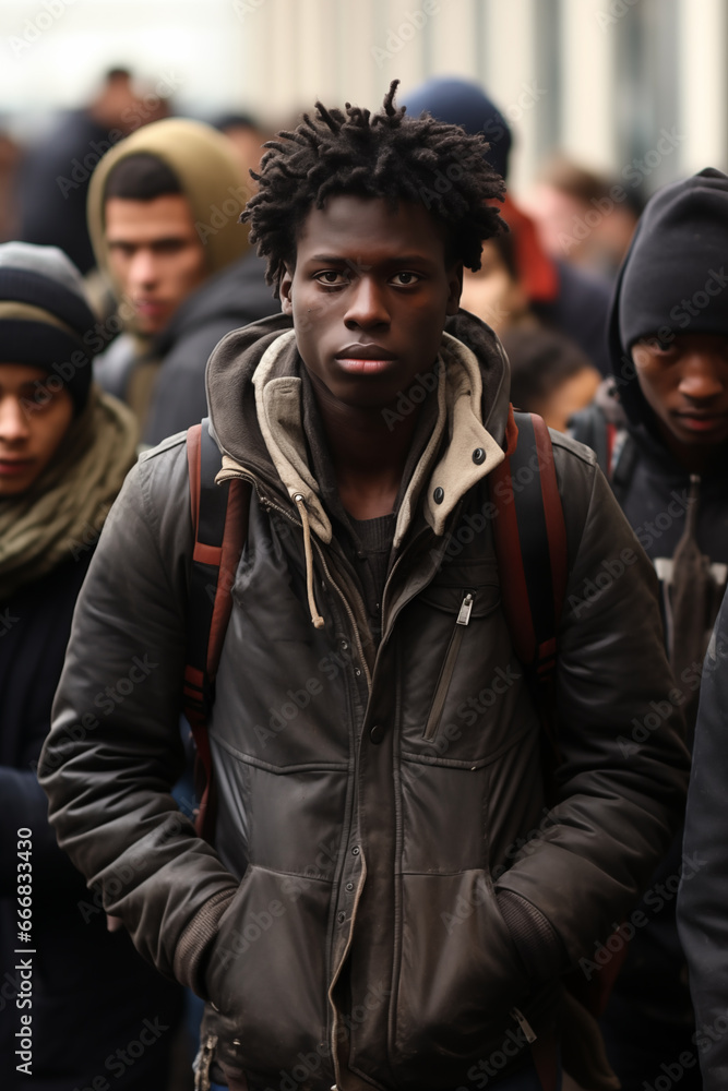Unity in Diversity: Half-Length Portrait of a Young African Immigrant in a Jacket, Surrounded by Sub-Saharan Youth Unity in Diversity: Half-Length Portrait of a Young African Immigrant in a Jacket, Surrounded by Sub-Saharan Youth