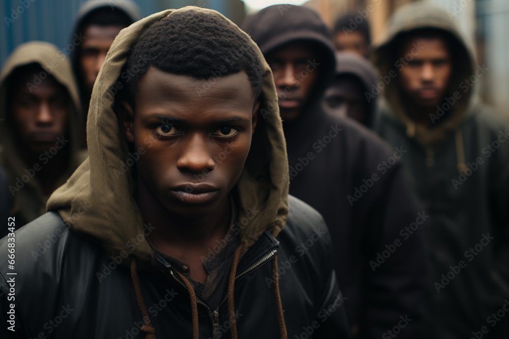 Fototapeta premium Journey of Desperation: Young African Immigrant Group in Europe, Marked by Sorrowful Gaze