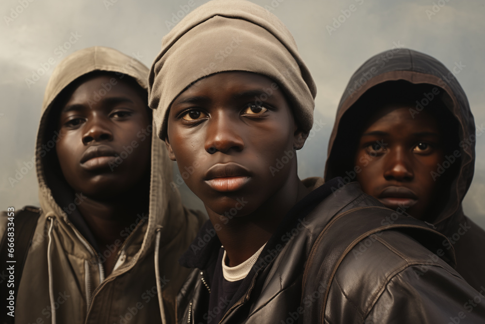 Distant Hopes: Group of Young African Illegal Immigrant Youths in Europe with Somber Expressions