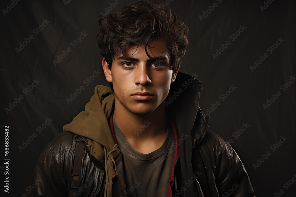 Fototapeta premium Portrait of a Young Arab Immigrant in a Dark Jacket against a Black Fabric Background