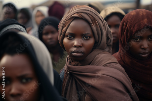 Empowered Unity: Group of Young Black African Female Illegal Immigrants in Europe, Adorning Headscarves