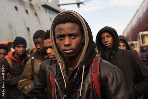 Arrival on European Shores: Young African Immigrants at a Port, Clad in Jackets and Hooded Attire