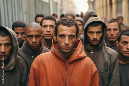 Group of Young Illegal Immigrant Youths in a Street, Arab, Algerian, and Moroccan, Staring Directly with Determination © JLabrador