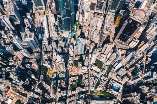 Aerial scenery panoramic view from drone of Hong Kong modern skyscrapers district