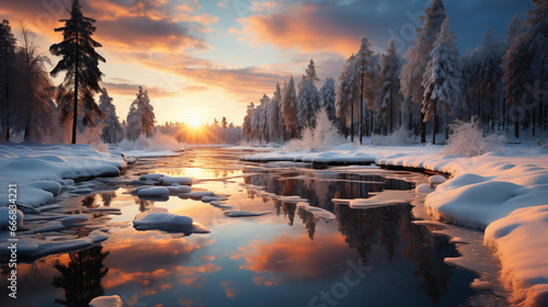 Winter landscape sunset over the river